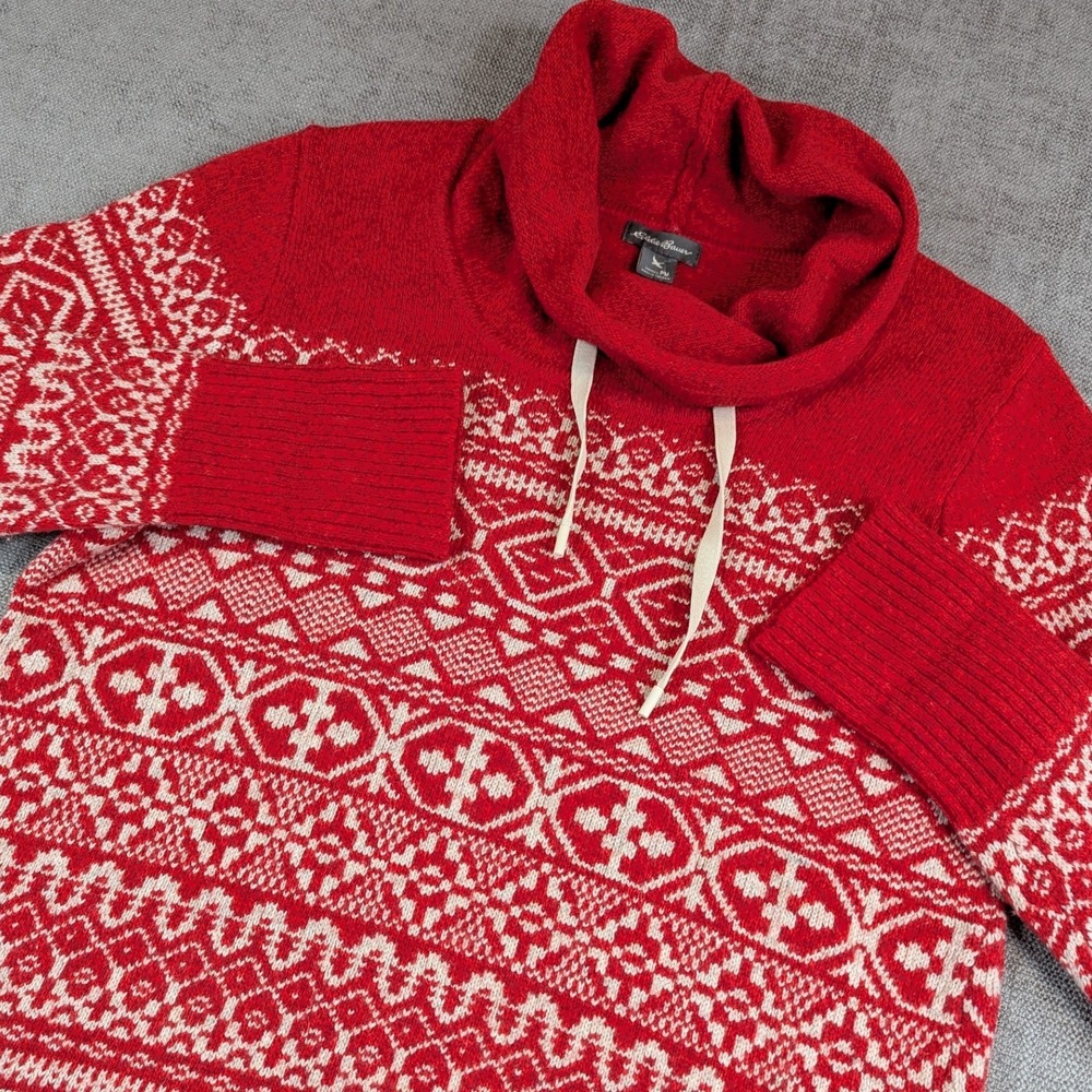 Eddie Bauer Sweater Women PM Red Fair Isle Cowl Neck Cotton Wool Blend Knit
